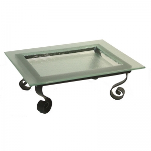 ที่วางจานเหล็กแบนขาม้วนผืนผ้าสูง 12 CM + จานแก้ว