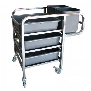รถเข็นเก็บจาน 3 ชั้น โครงสแตนเลส พร้อมกระบะ ถังพลาสติก