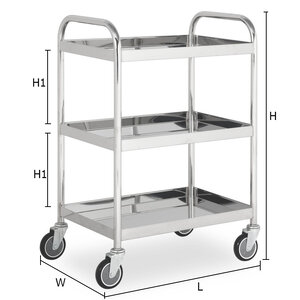 THREE-TIER STAINLESS STEEL TRAY TROLLEY - DOUBLE HANDLES - PU WHEELS 610x410x885 mm